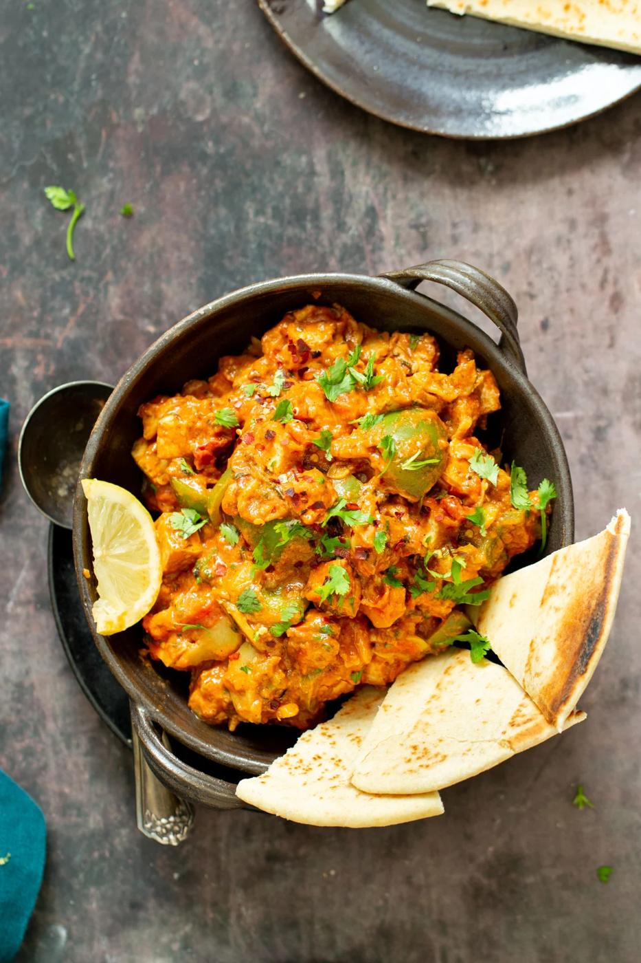 tofu tikka masala served with flatbread