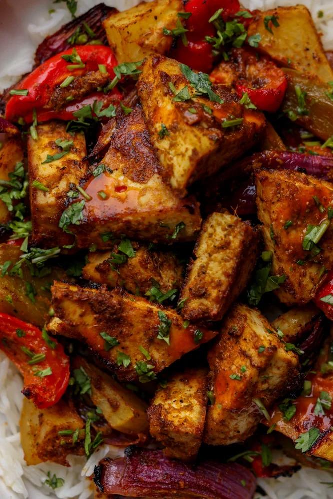 close-up of tofu tray bake with vegetables