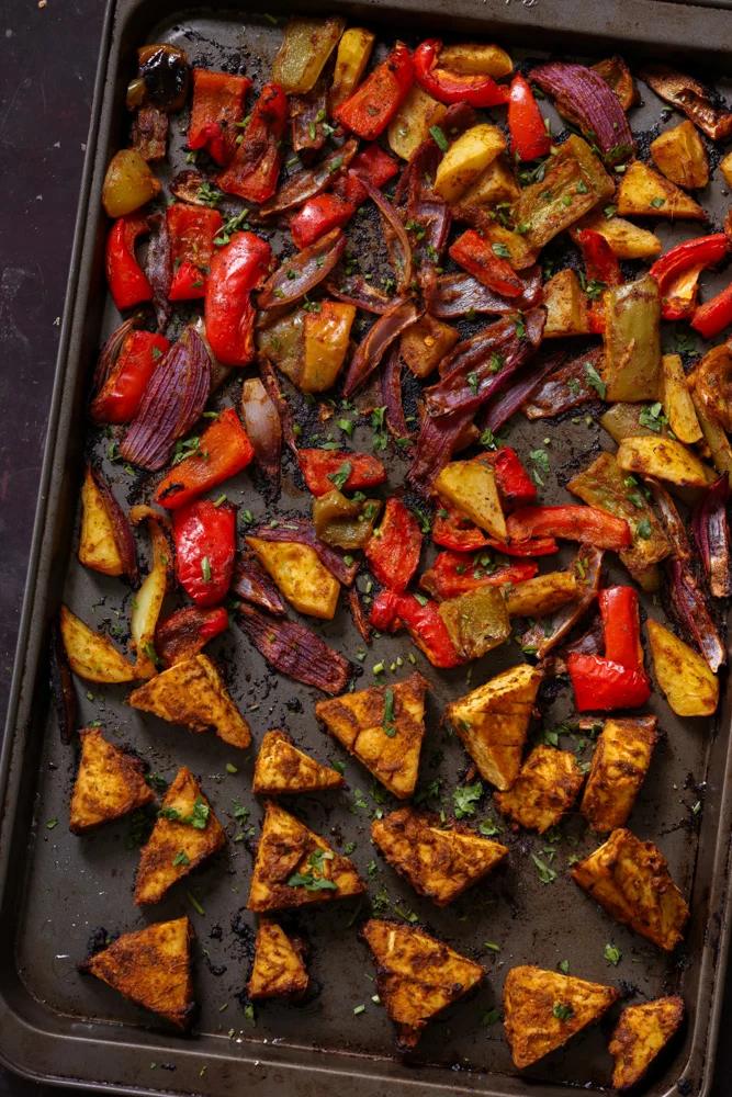 tofu tray bake with vegetables on the sheet pan