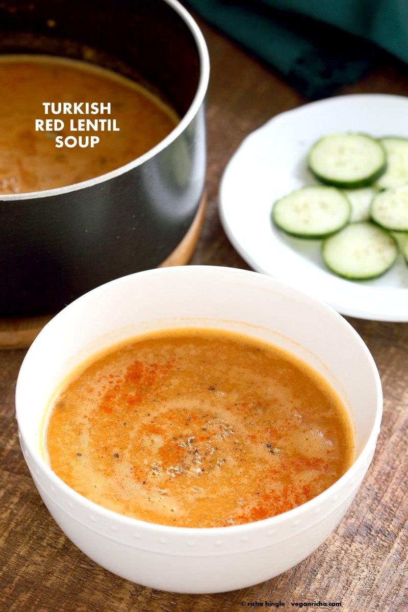 Easy Turkish Red Lentil Soup with carrots, turkish spices, red lentils.Easy weeknight meal. Few ingredients. Vegan Gluten-free Soyfree Recipe | VeganRicha.com