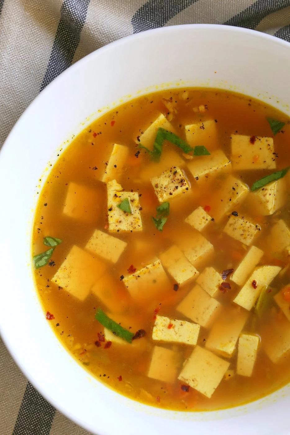 Turmeric Miso Soup With Ginger, Garlic and Tofu. Kick that cold with this soothing, anti inflammatory, brothy soup. Vegan Gluten-free Nut-free #vegan #Recipe #veganricha | VeganRicha.com