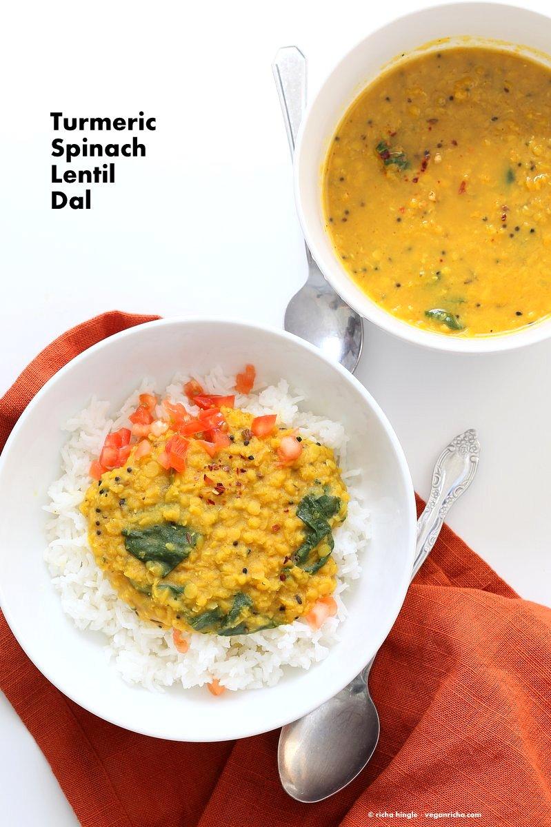 Turmeric Spinach Lentil Dal - Red Lentil Soup. Easy Lentil Soup with turmeric and greens. No garlic no onion Dhal. Golden Lentil Dal. Vegan Gluten-free Soy-free Recipe.| VeganRicha.com