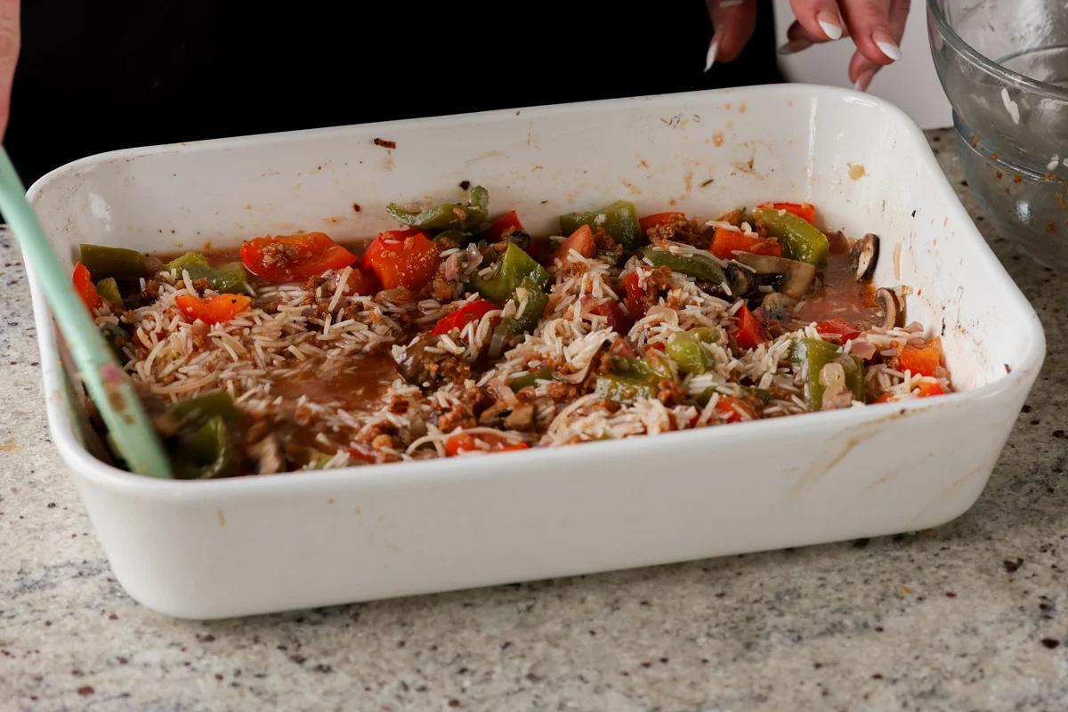 unstuffed pepper casserole in the pan before baking