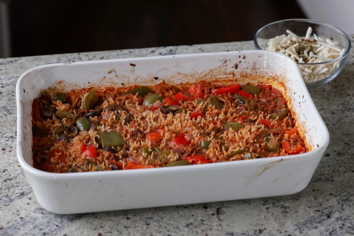 unstuffed pepper casserole in the pan after baking