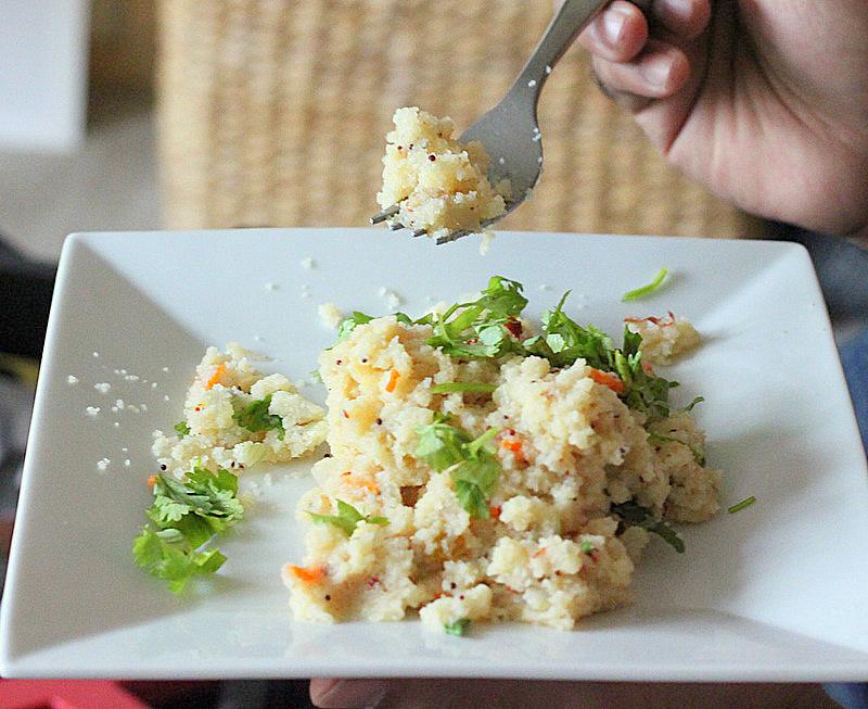 Upma. Savory cream of wheat/rice with nuts and veggies. Vegan breakfast.glutenfree option