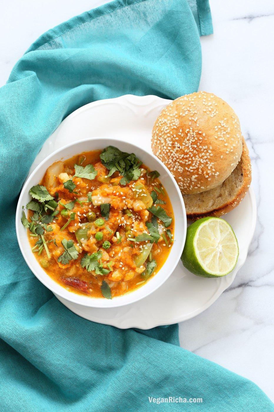 Veg Kolhapuri Recipe - Veggies in Sesame Coconut Tomato Kolhapuri Sauce. Use up the leftover veggies in this flavorful sauce. Anything goes. Add cooked beans for added protein. #Vegan #Glutenfree #Soyfree #Nutfree #veganricha #Recipe. | VeganRicha.com