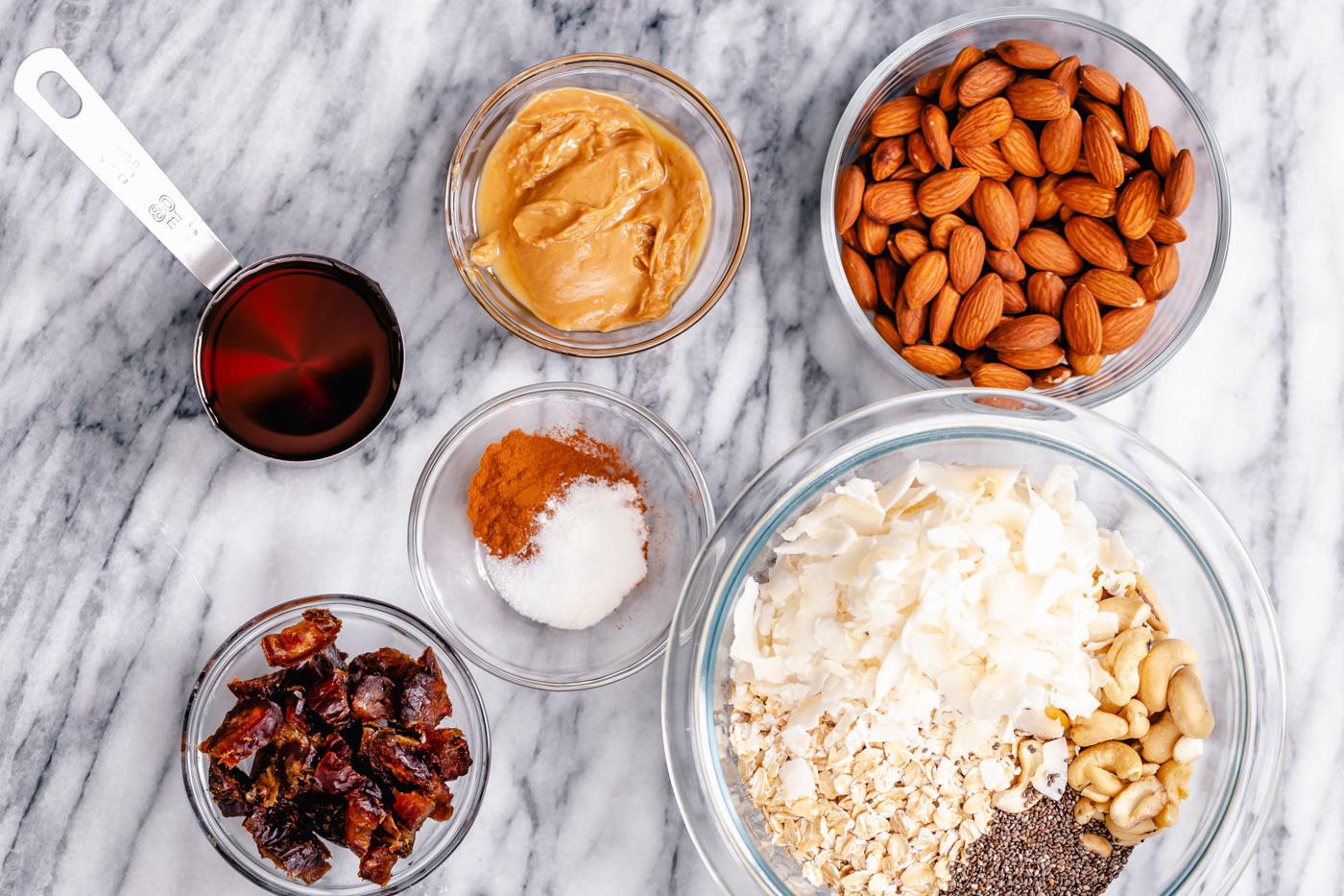 overhead shot of ingredients needed for making almond coconut granola