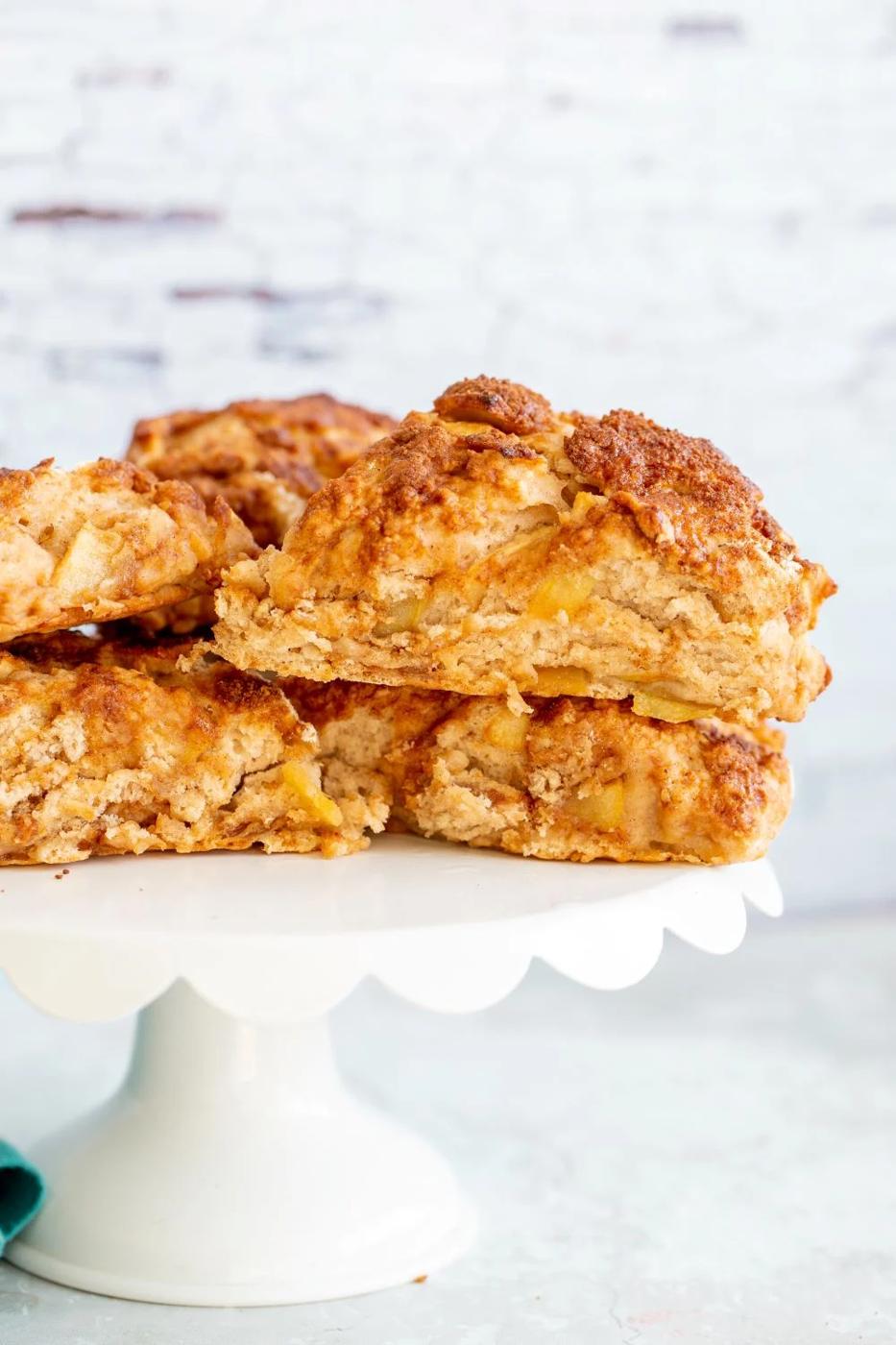 Vegan Apple Cinnamon Scones on white cake stand