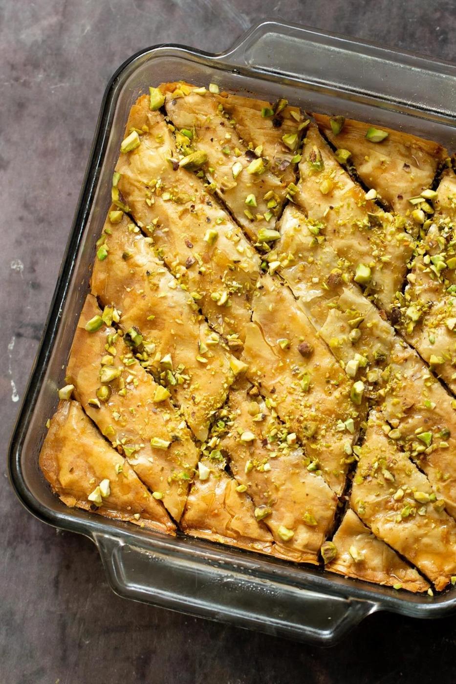vegan baklava in a pyrex dish