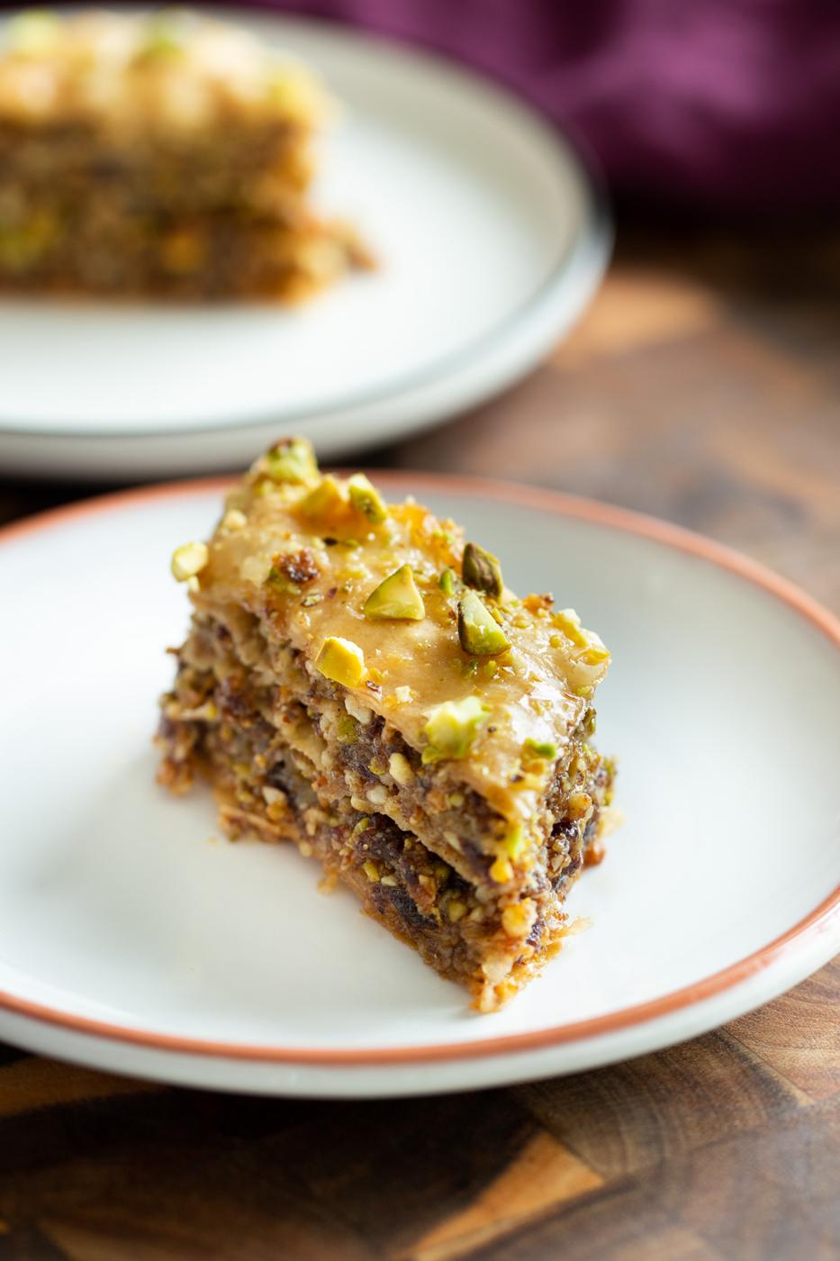 close-up of a bite sized piece of vegan homemade baklava