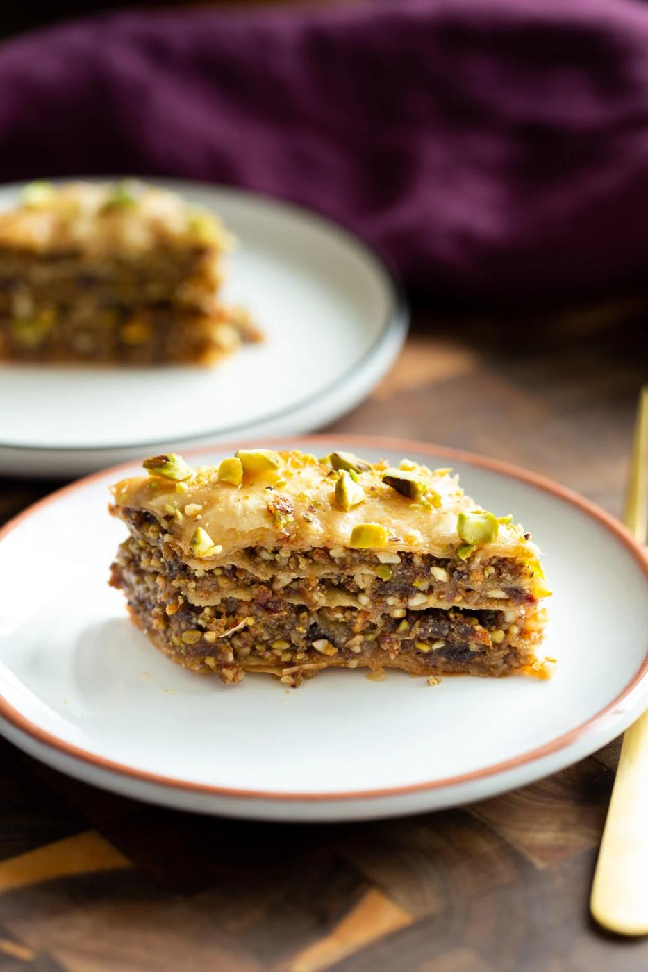 a slice of vegan baklava on a small plate