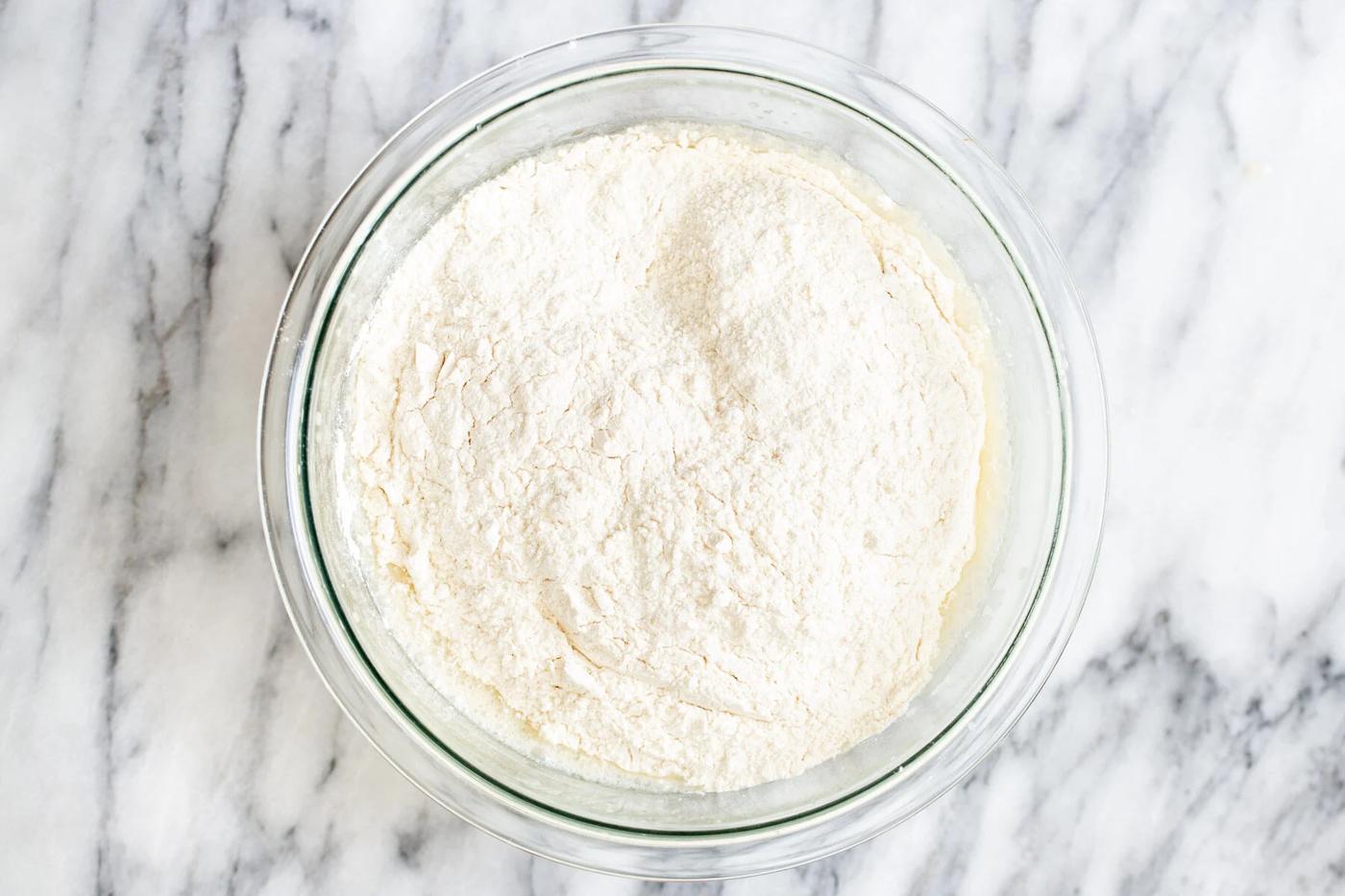 dry cake mix in a big glass mixing bowl