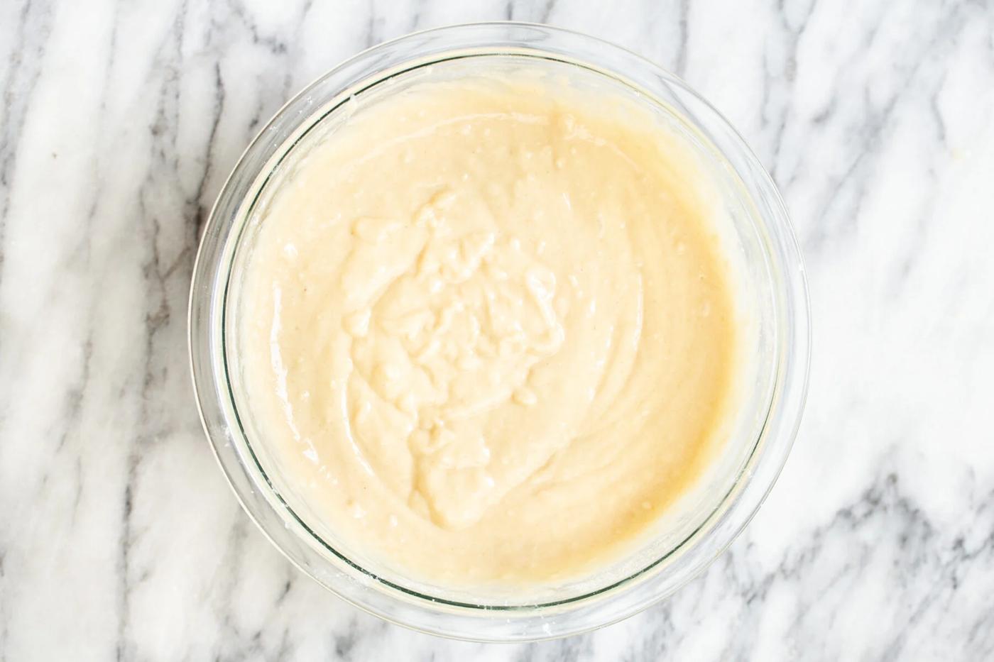 vegan cake batter in a glass bowl