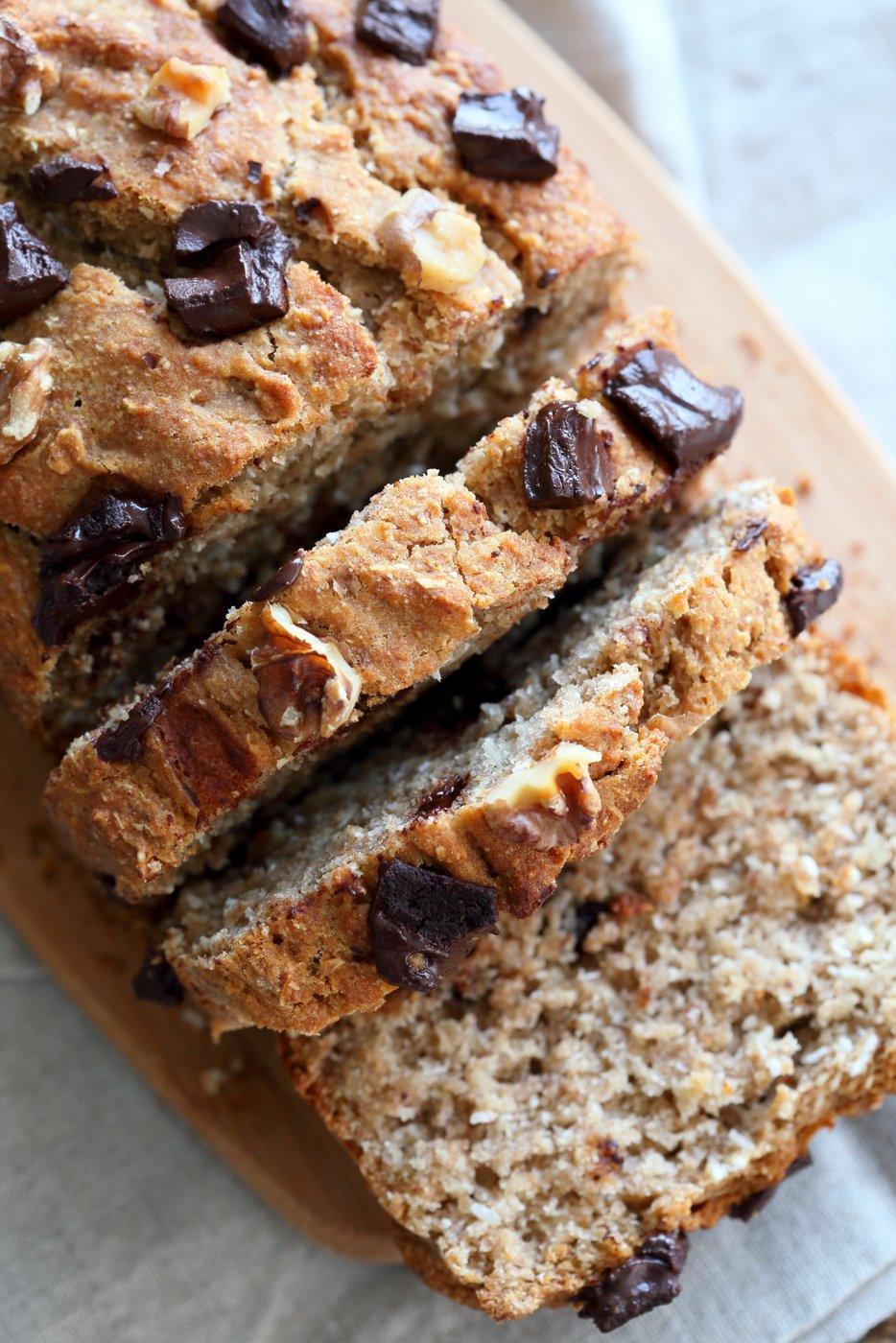 Vegan Banana Bread with Walnuts. Classic super moist Banana bread with toasted nuts and coconut. No Palm oil. #Vegan #Recipe #veganricha | VeganRicha.com.