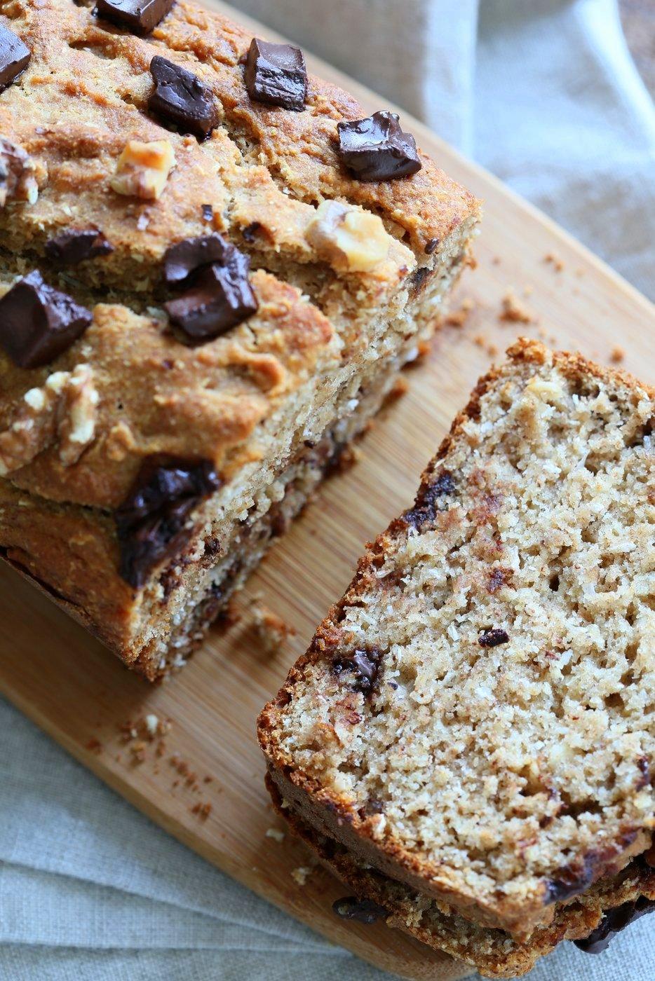 Vegan Banana Bread with Walnuts. Classic super moist Banana bread with toasted nuts and coconut. No Palm oil. #Vegan #Recipe #veganricha | VeganRicha.com.