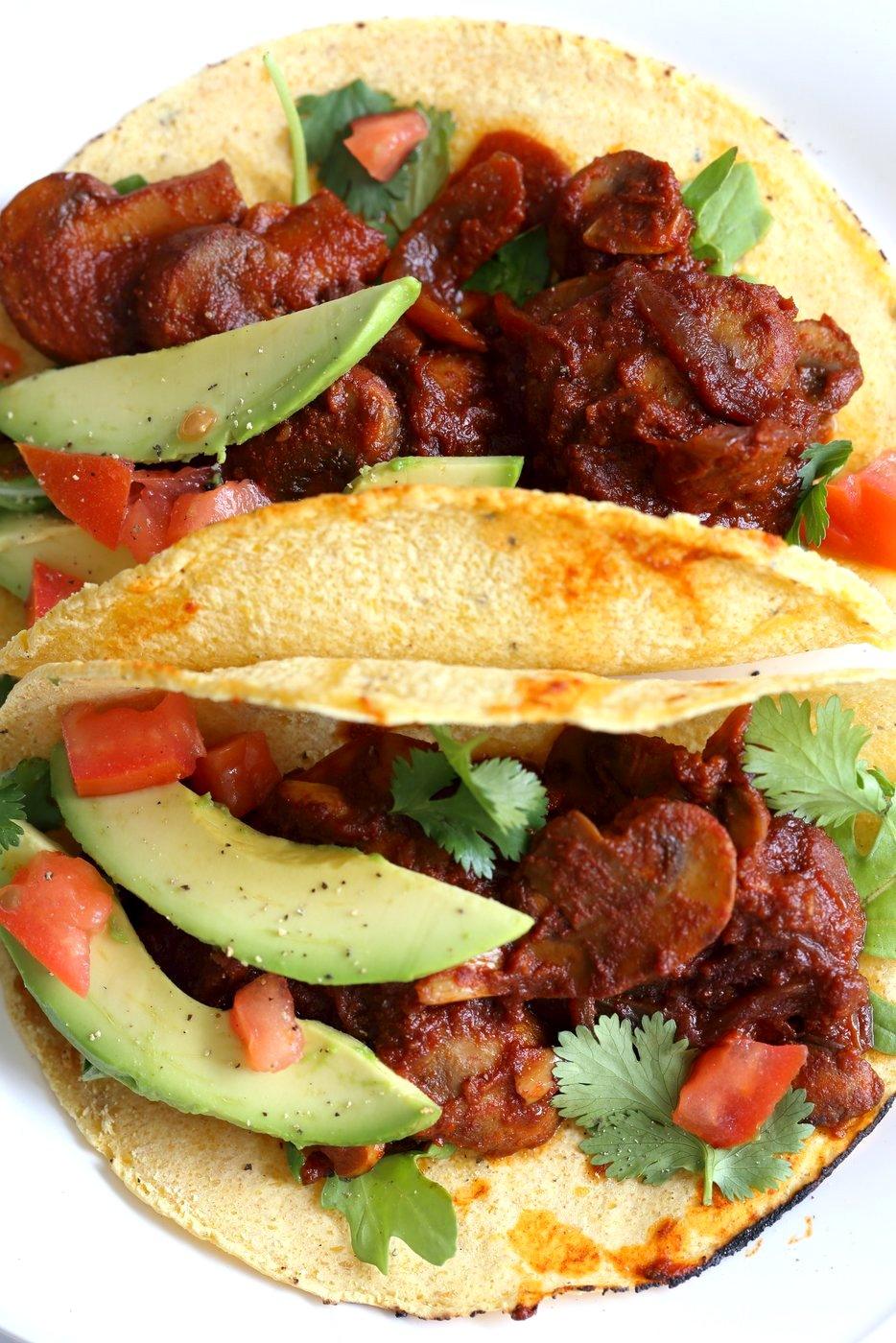 Vegan Barbacoa Mushroom Tacos . These saucy Barbacoa Tacos are super easy and versatile. Use the from scratch chile sauce with beans, lentils or other shredded vegetables for variation. #Vegan Barbacoa Recipe. #Glutenfree #Nutfree #soyfree #Recipe #veganricha | Pitzn