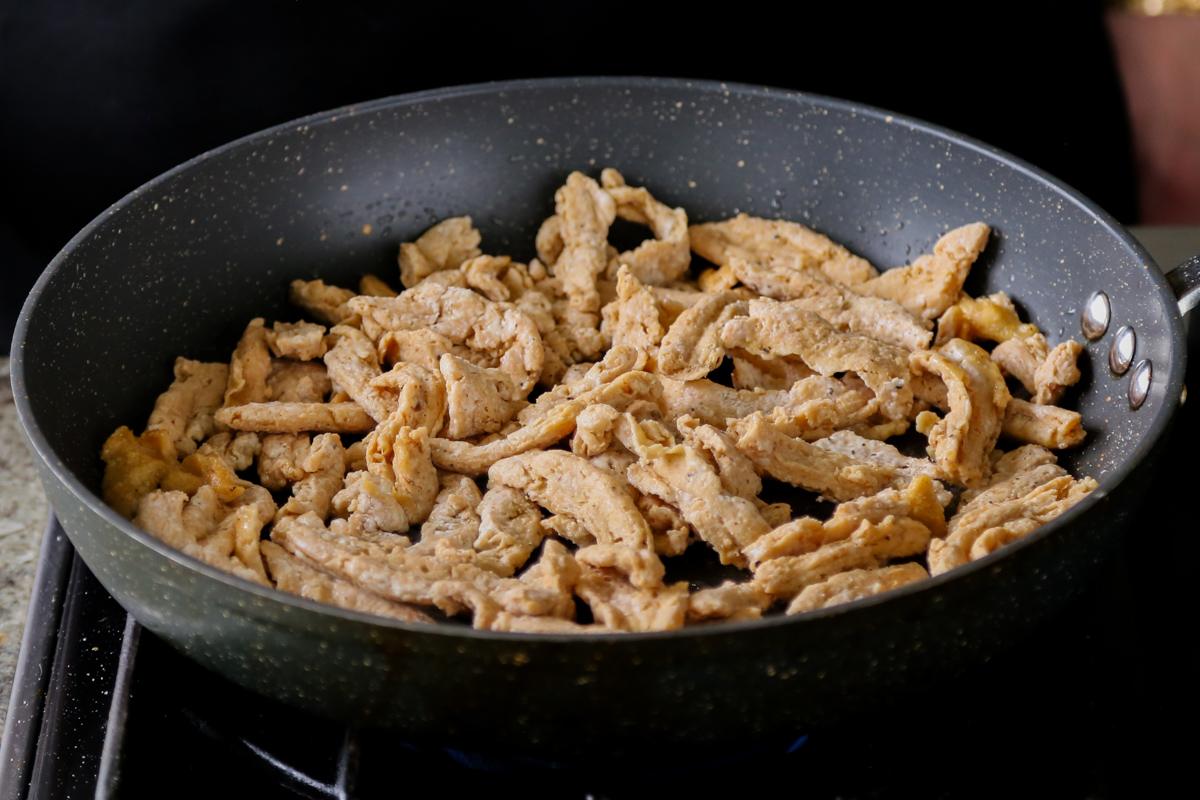 soy curl "beef" in the pan before cooking