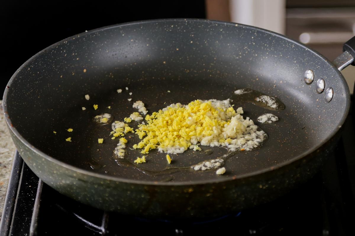 ginger and garlic in the pan with oil