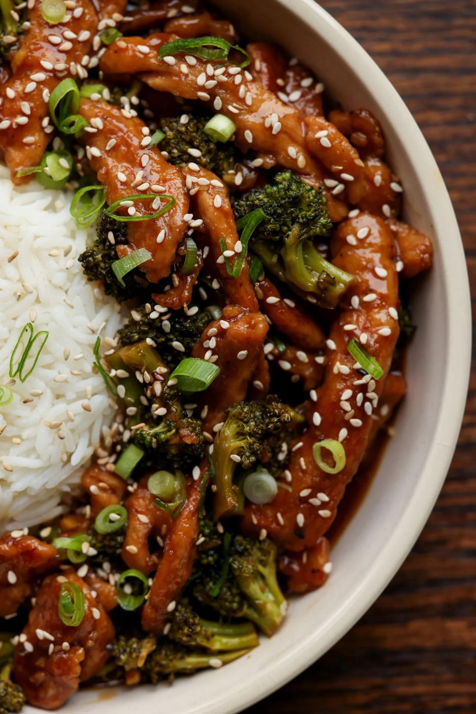 vegan beef with broccoli in a bowl with rice