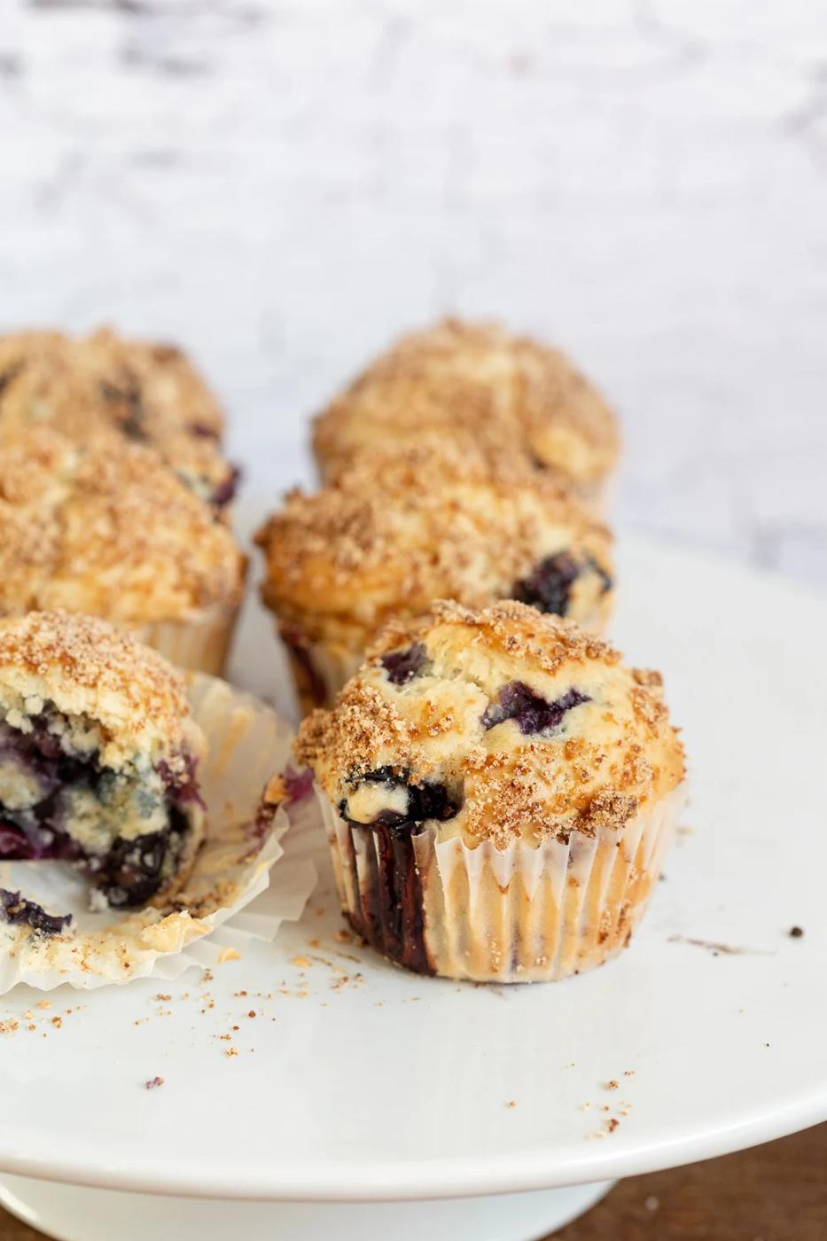 Vegan Blueberry Muffins on cake stand