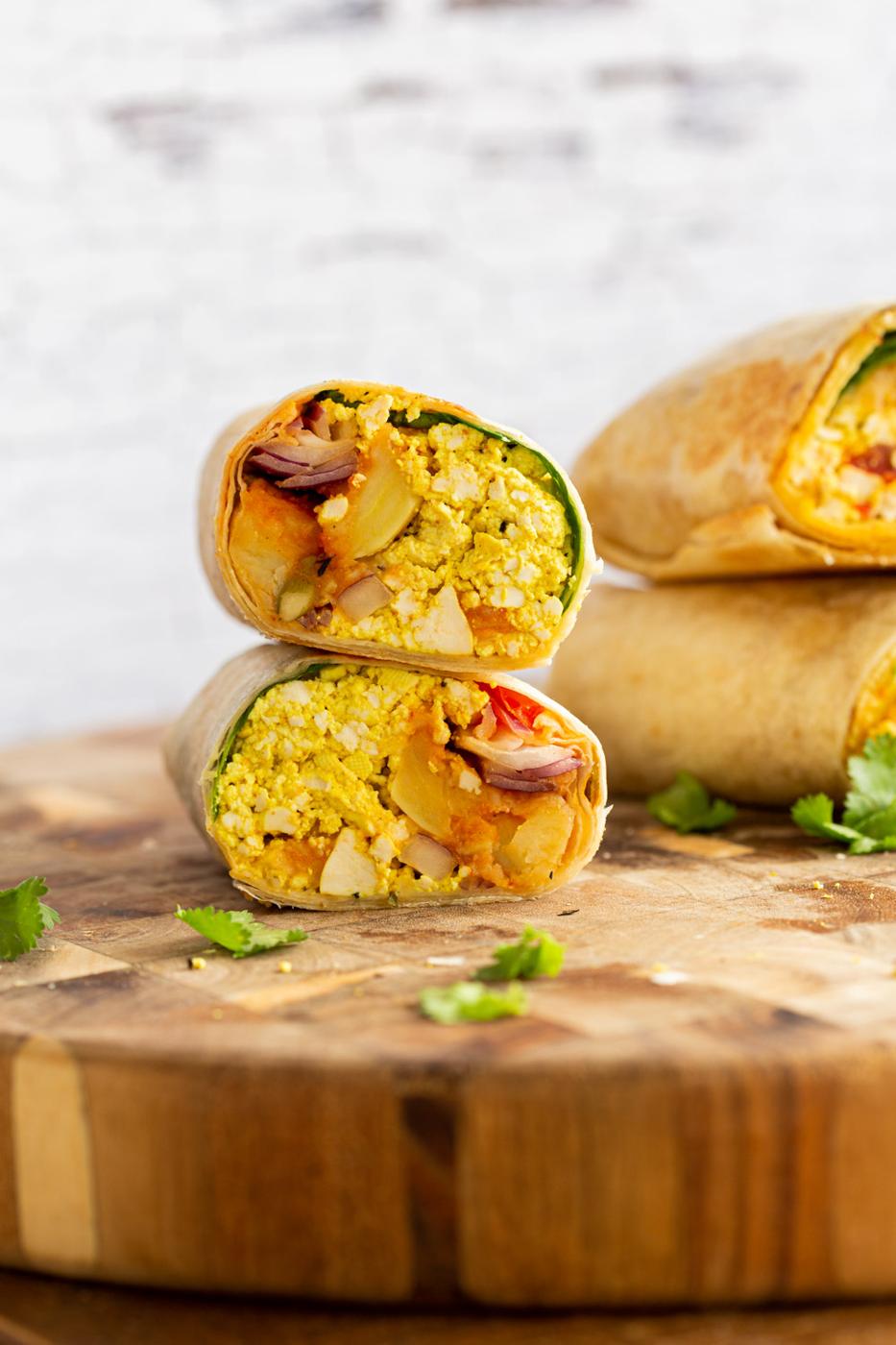 Vegan Breakfast burrito on wooden board