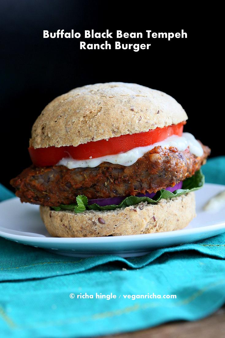 Vegan Buffalo Tempeh Sandwich with Black Bean Tempeh And Celery Ranch. Soy-free
