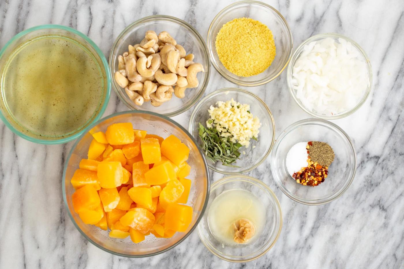 overhead shot of ingredients needed for making vegan butternut squash carbonara sauce