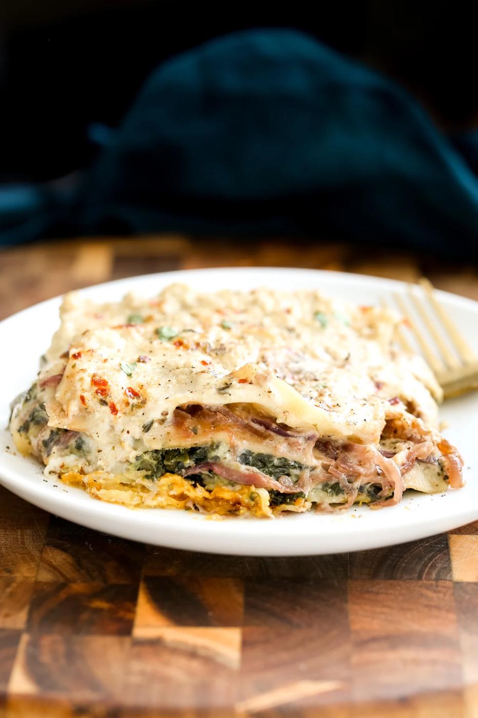 side view of a serving of vegan butternut squash lasagna