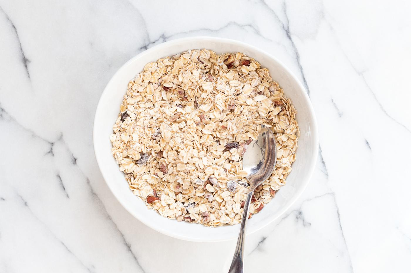 Dry Ingredients for our Vegan Carrot Cake Baked Oatmeal in a white bowl