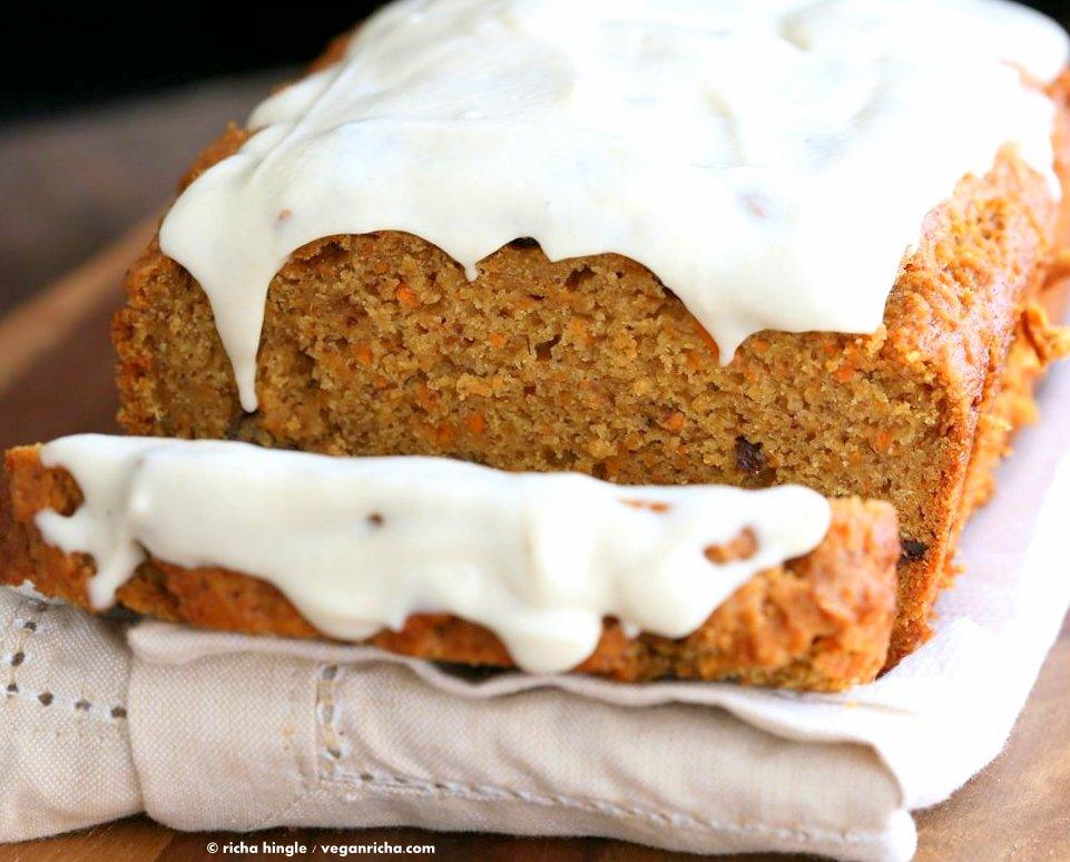 Vegan Carrot Cake Recipe. Vegan Carrot Cake Quick bread loaf with Cashew Cream Frosting. Moist, spiced, full of carrots. Low oil. #vegan #Soyfree #Palmoilfree #Easter #recipe | VeganRicha.com