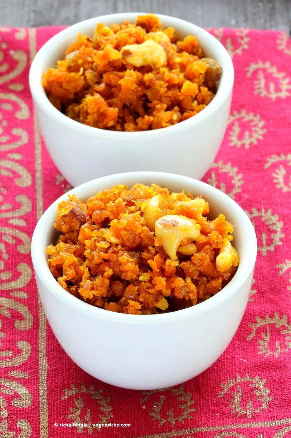 Vegan Carrot Halwa Recipe. Gajar Ka Halwa is a a dessert made with shredded carrots that are roasted with non dairy milk and cardamom to make a sweet melt in your mouth dessert. Vegan Gluten-free Soy-free Recipe | VeganRicha.com