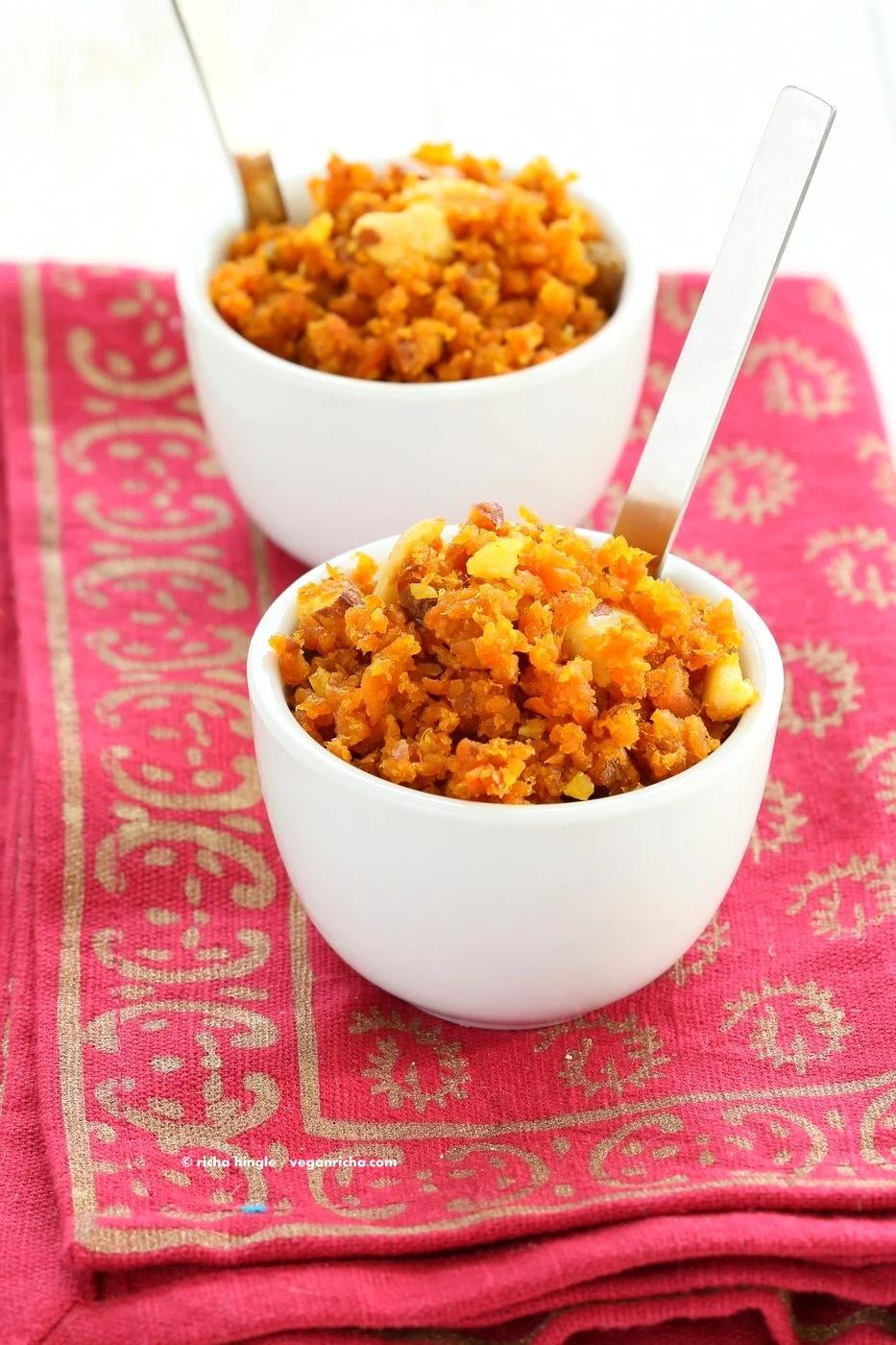 Vegan Carrot Halwa Recipe. Gajar Ka Halwa is a a dessert made with shredded carrots that are roasted with non dairy milk and cardamom to make a sweet melt in your mouth dessert. Vegan Gluten-free Soy-free Recipe | VeganRicha.com