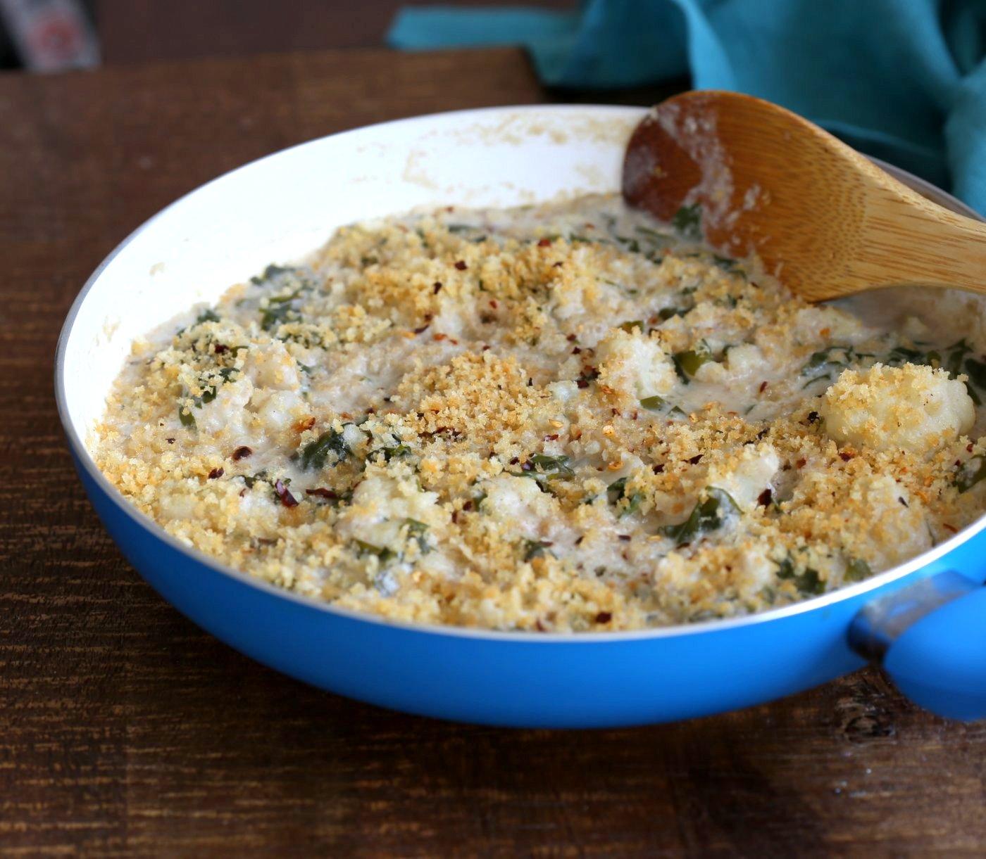 Vegan Cauliflower Gratin - Creamy, Spiced Cauliflower Casserole. No Bake Skillet Gratin or Bake with a garlic breadcrumb topping. Vegan Soy-free Recipe, Can be gluten-free and nut-free. | VeganRicha.com