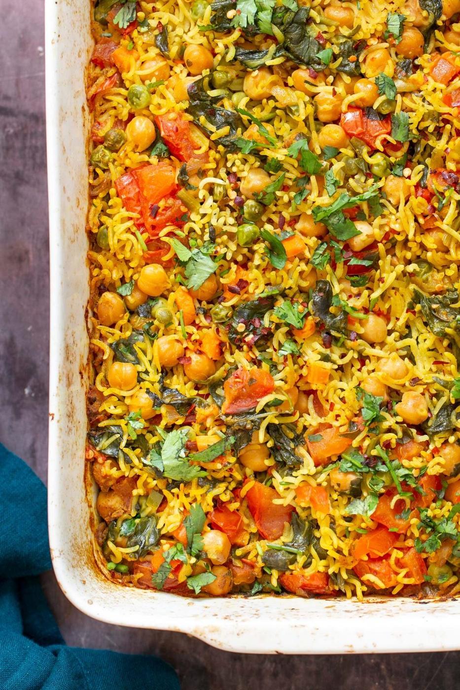 vegan vegetable chickpea rice casserole overhead shot