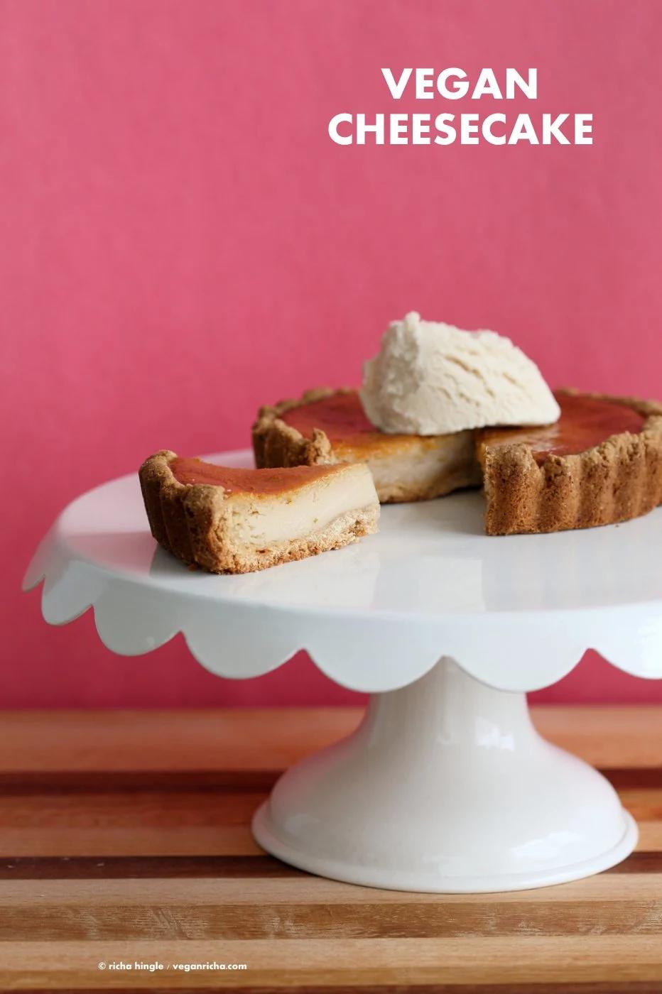 Easy Vegan Cheesecake. Baked Vegan Cheesecake Recipe with Cashews and non dairy yogurt and Glutenfree Oat crust. Soy-free Gluten-free Recipe. | VeganRicha.com
