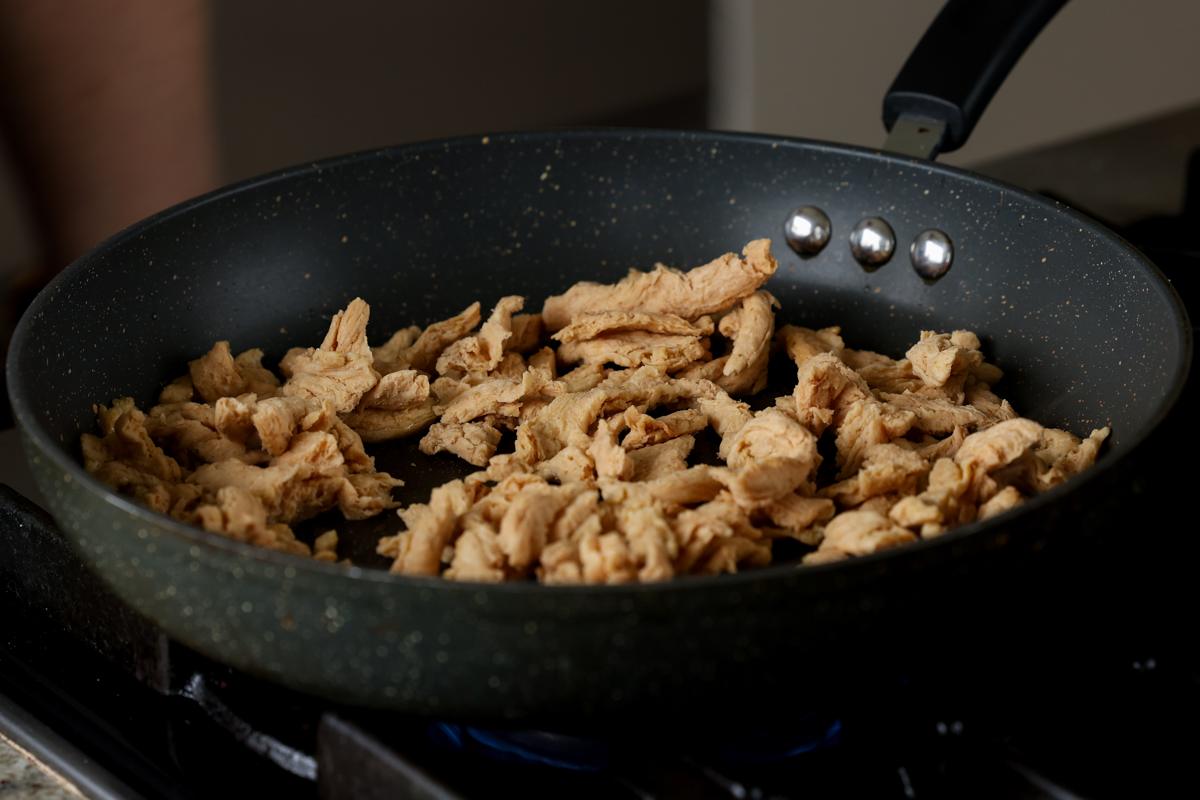 soy curls in the pan before cooking
