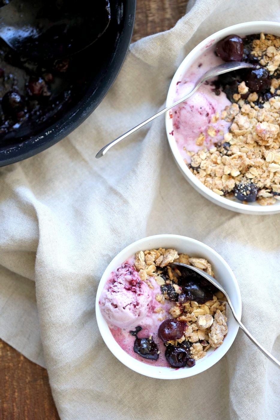 Easy 1 Pot No Bake Cherry Blueberry Crisp. Seasonal Berries cooked to a compote and topped with Toasted Crisp Oat crumble. Serve with favorite ice cream. Vegan Recipe. Can be gluten-free, nut-free | VeganRicha.com