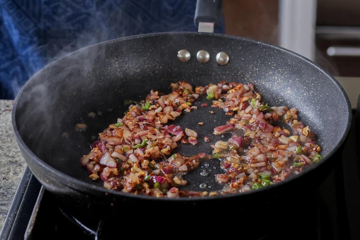 cooked onion in the pan