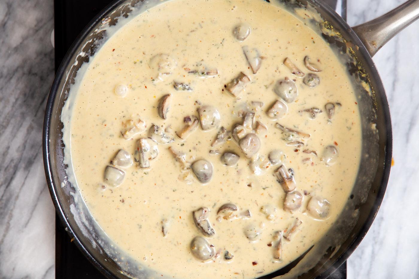 creamy mushroom sauce in a skillet