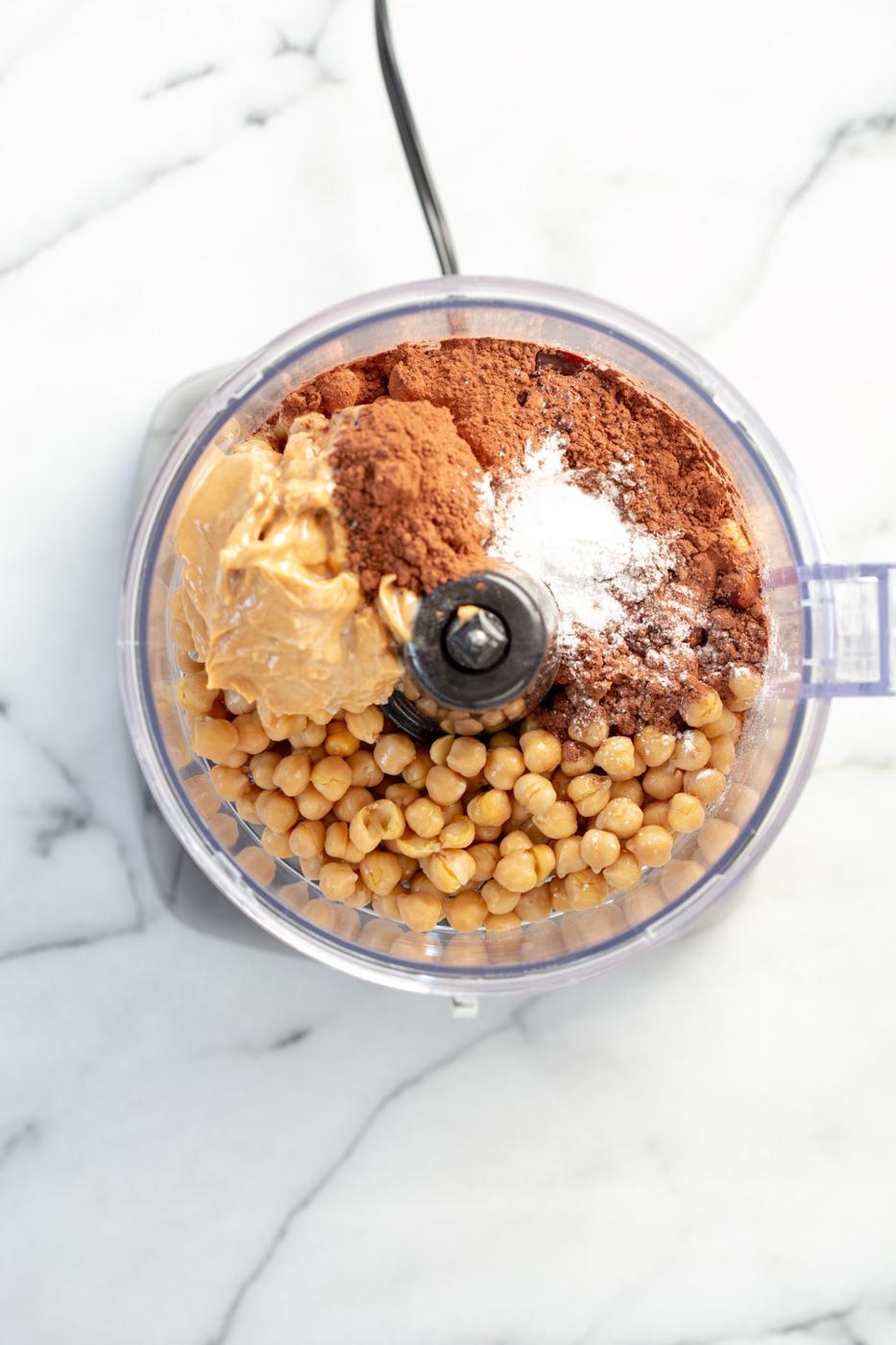 Ingredients for our Vegan Chickpea Brownies in a food processor