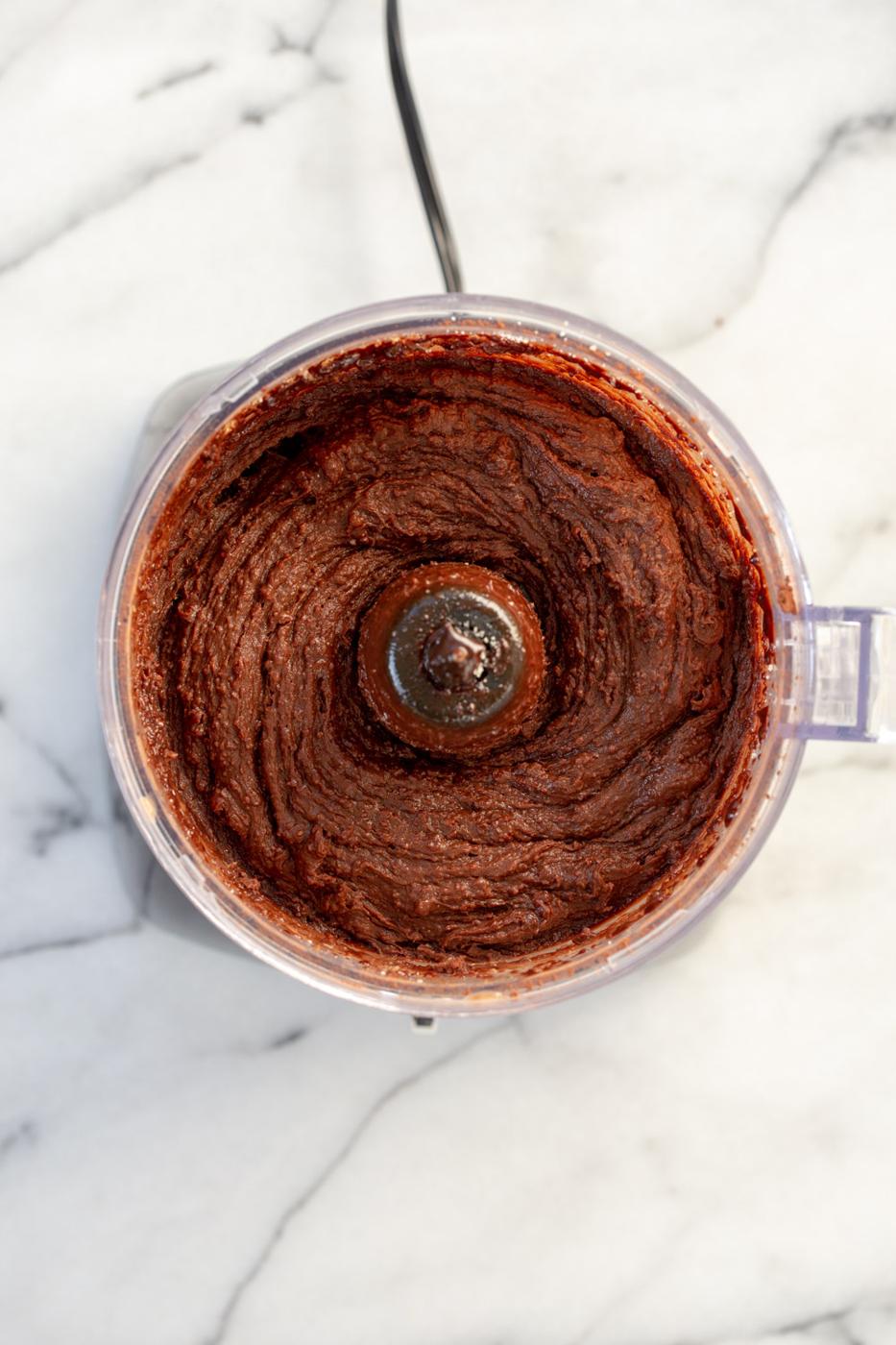 Batter of our Vegan Chickpea Brownies in food processor