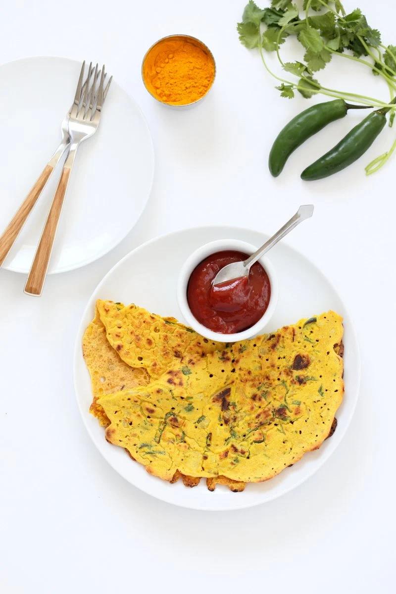 Chilla, Cheela or Pudla are simple Indian breakfast pancakes. These Vegan Chickpea flour Pancakes are crepe like savory breakfast. Add veggies to the batter or serve with roasted veggies and a dip. Gluten-free Soy-free Nut-free Recipe. | Pitzn