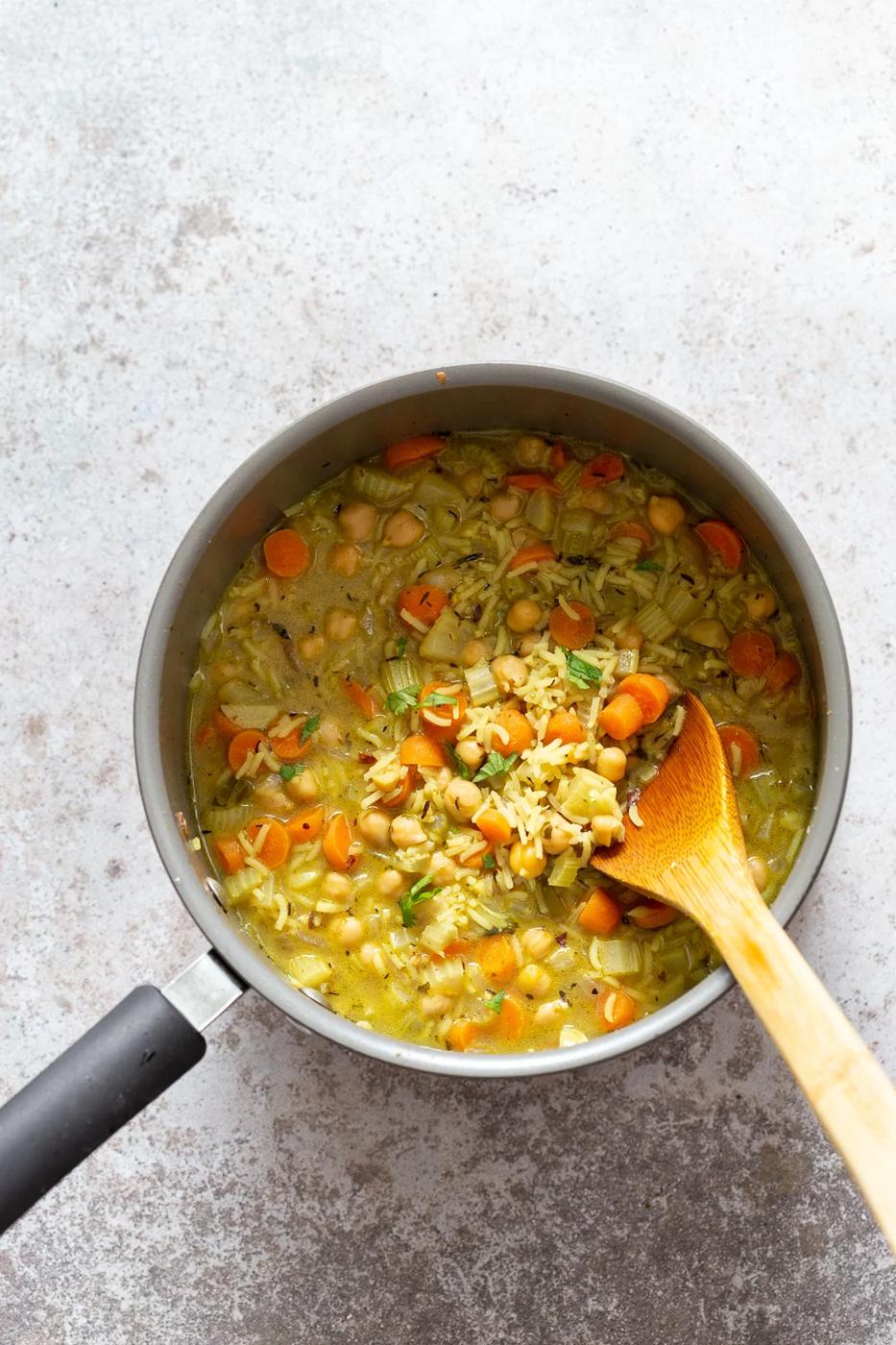 Vegan Chickpea Rice Soup in a Saucepan
