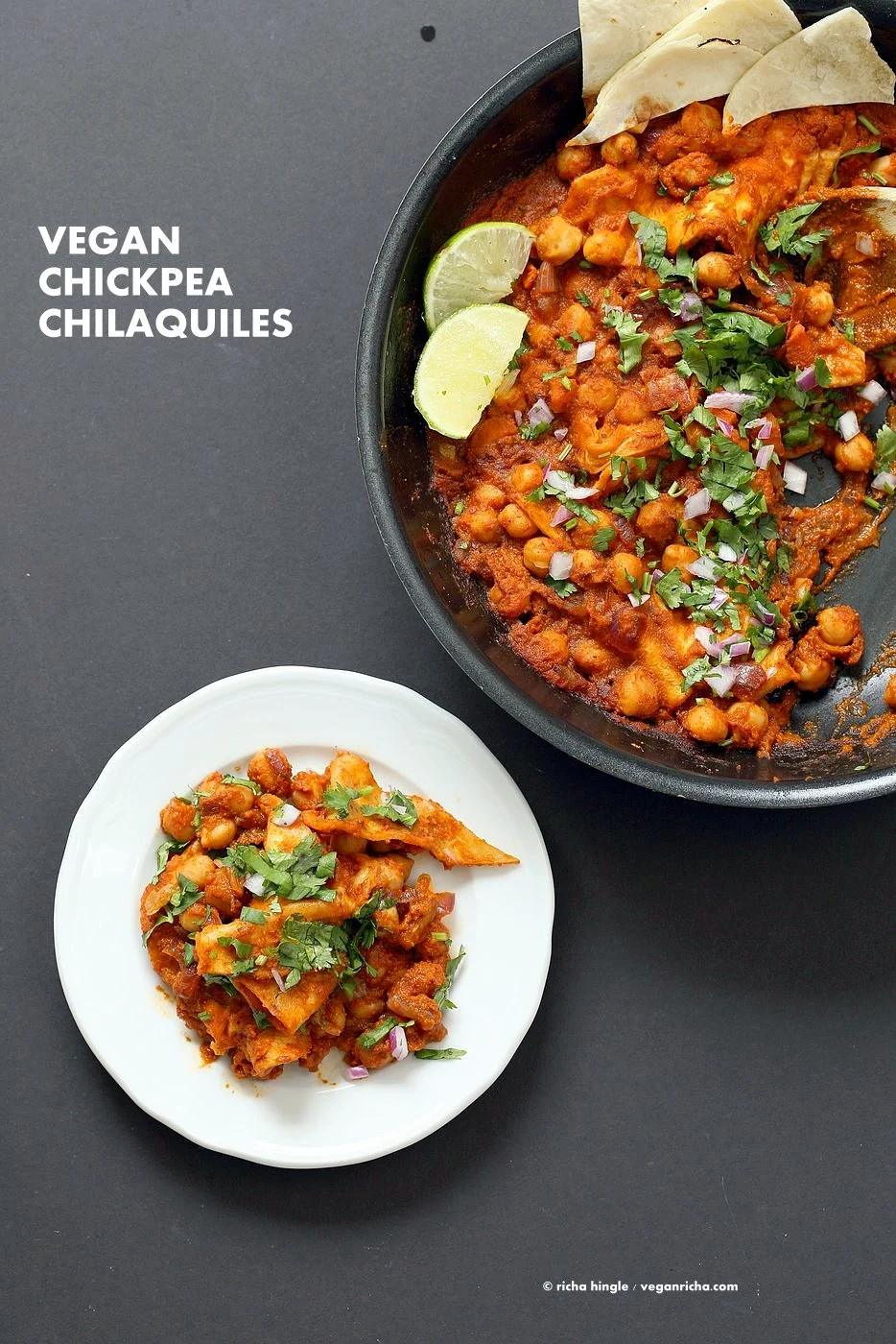 Vegan Chilaquiles with spiced Chickpeas. Taco Spiced Chickpeas and crisped tortilla with easy red sauce make this 20 minute savory breakfast or brunch. Easy Chilaquiles Recipe. Nut-free, soy-free. can be gluten-free.| VeganRicha.com