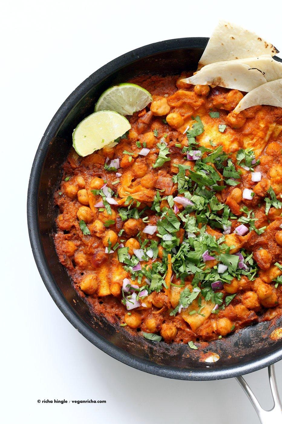 Vegan Chilaquiles with spiced Chickpeas. Spiced Chickpeas and crisped tortilla with easy red sauce. Easy Chilaquiles Recipe. Nut-free, soy-free. can be gluten-free.| VeganRicha.com