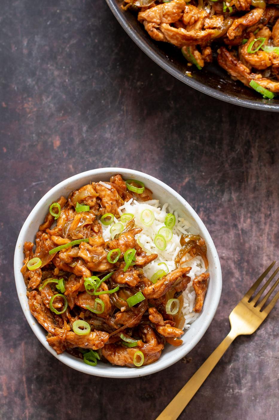vegan chili chicken served with a fork on the side