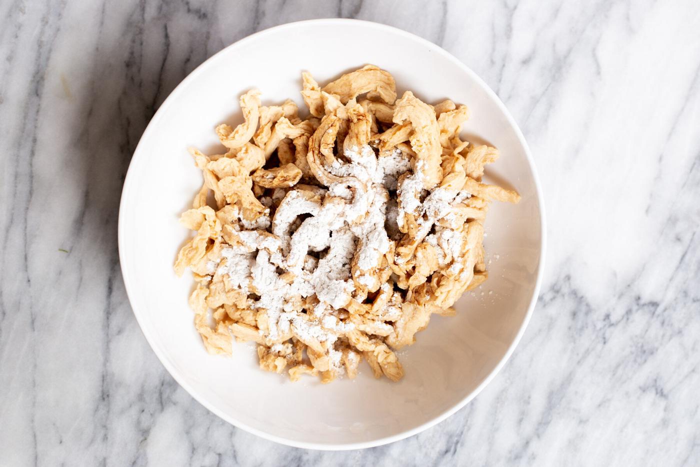 soaked vegan soycurls in a white plate