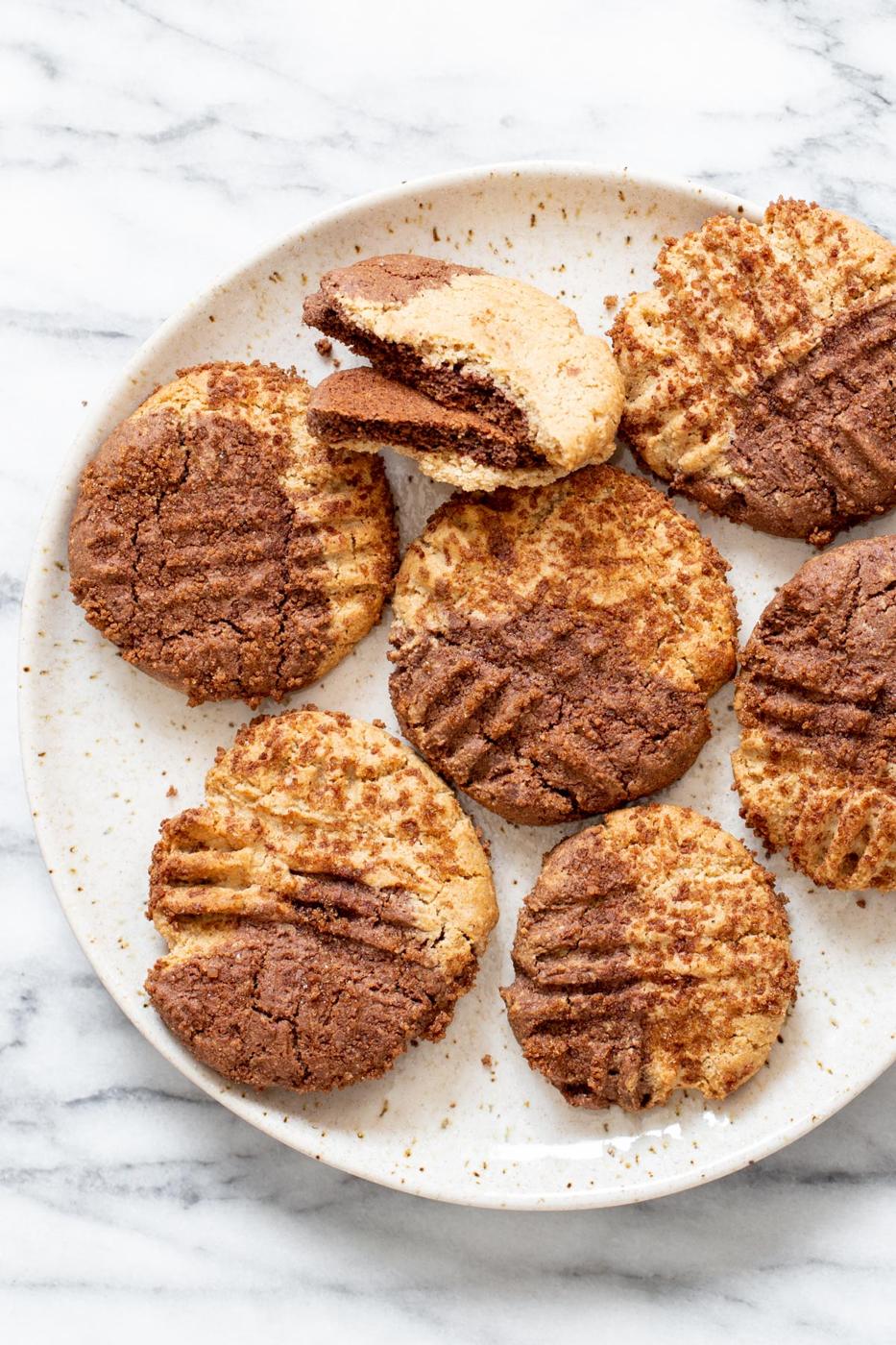 overhead shot of a plate with vegan pumpkin spice snickerdoodle cookies