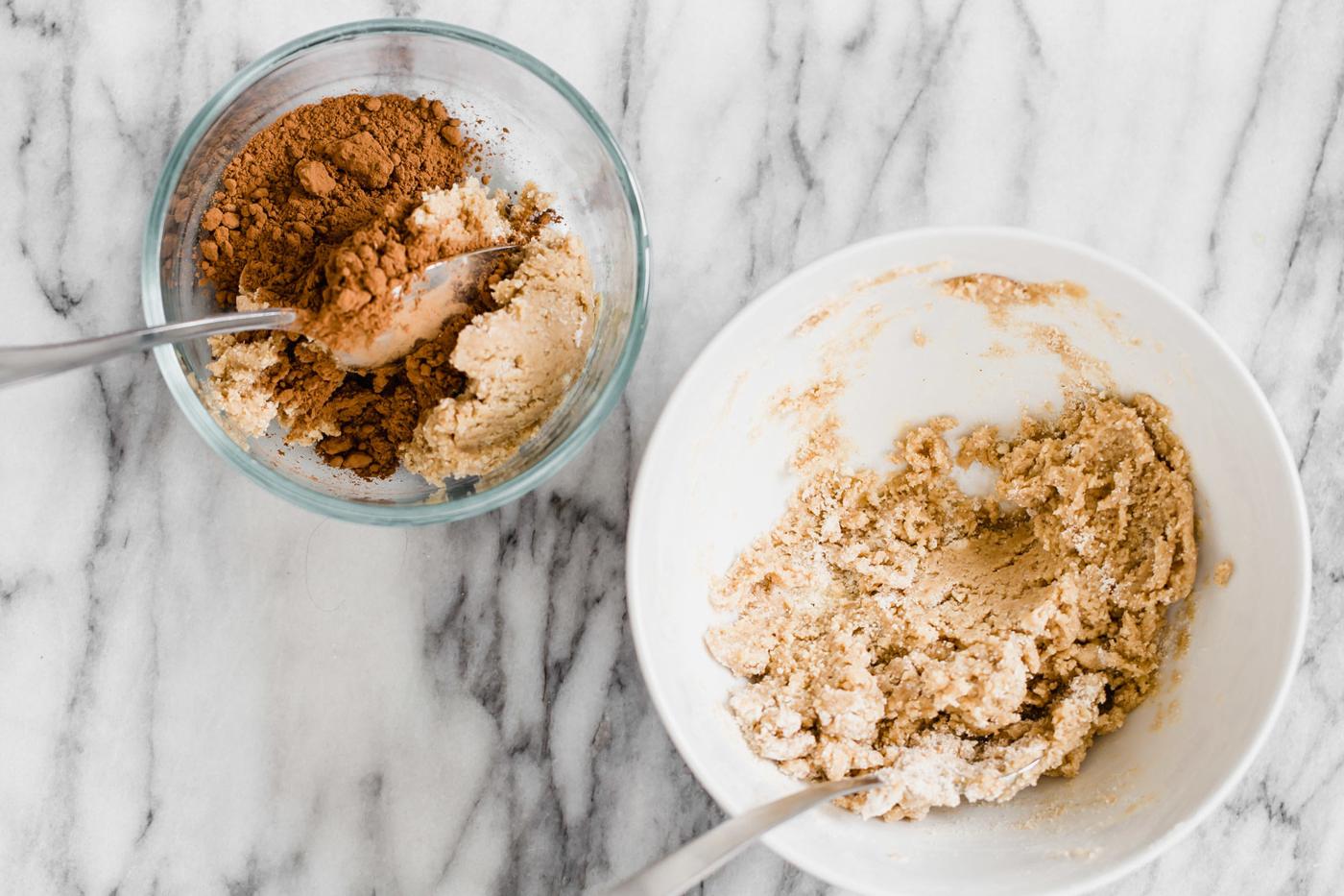 overhead shot of two bowl with vegan snickerdoodle cookie batter and pumpkin spice sugar for dipping