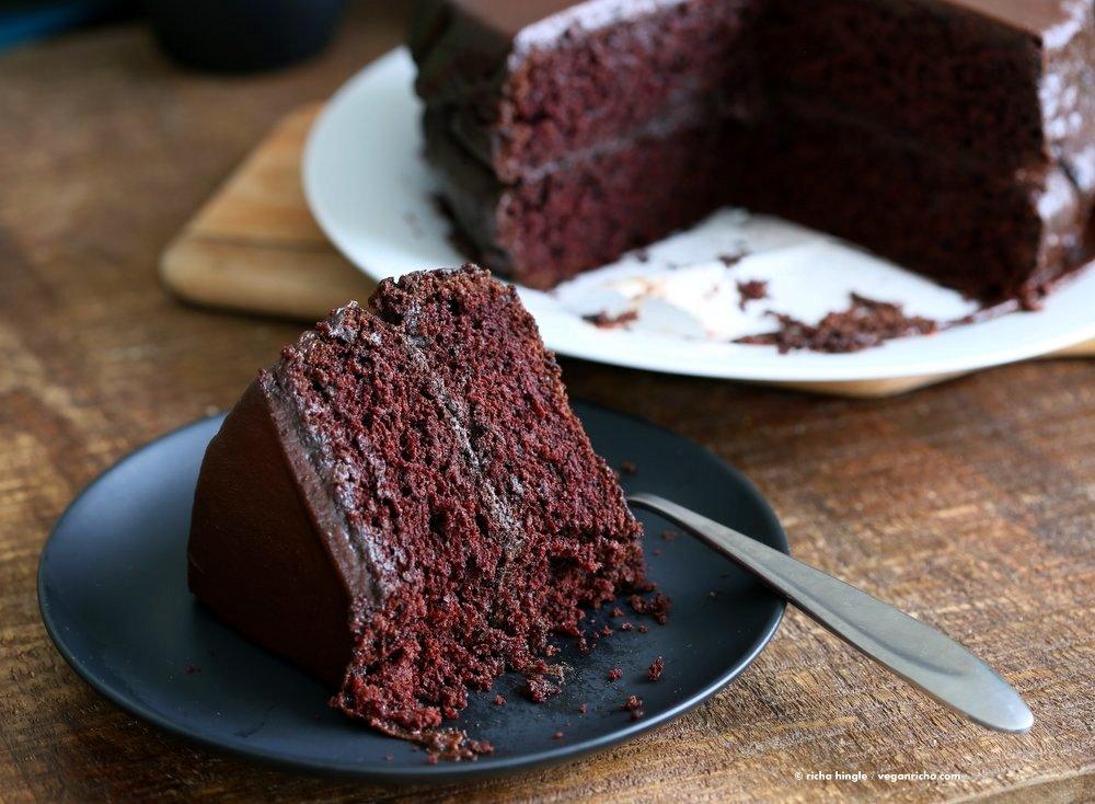 Vegan Chocolate Cake with Chocolate Peanut Butter Ganache. Simple Chocolate Layer Cake. Add raspberry or apricot preserves. #vegan #Soyfree #PalmOilfree #Recipe | VeganRicha.com